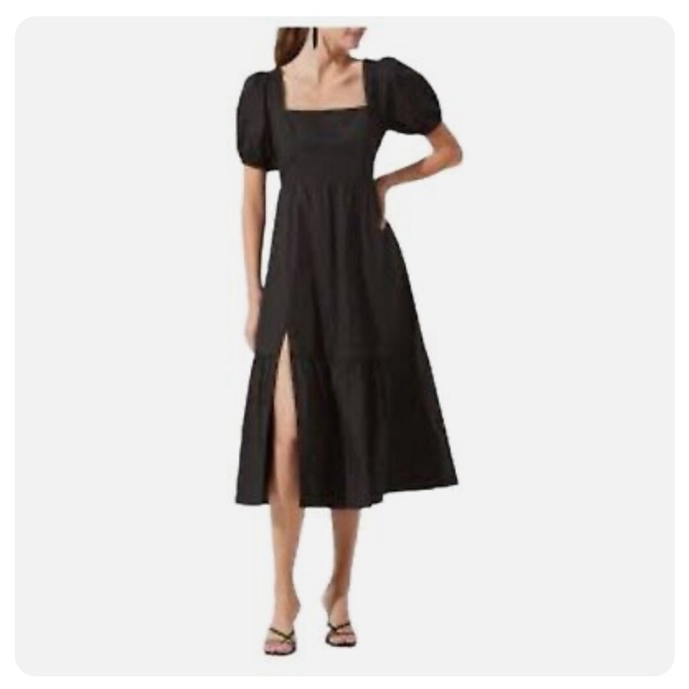 ASTR The Label Poplin Tiered Midi Dress Black Square Neck Puff Sleeves - Small